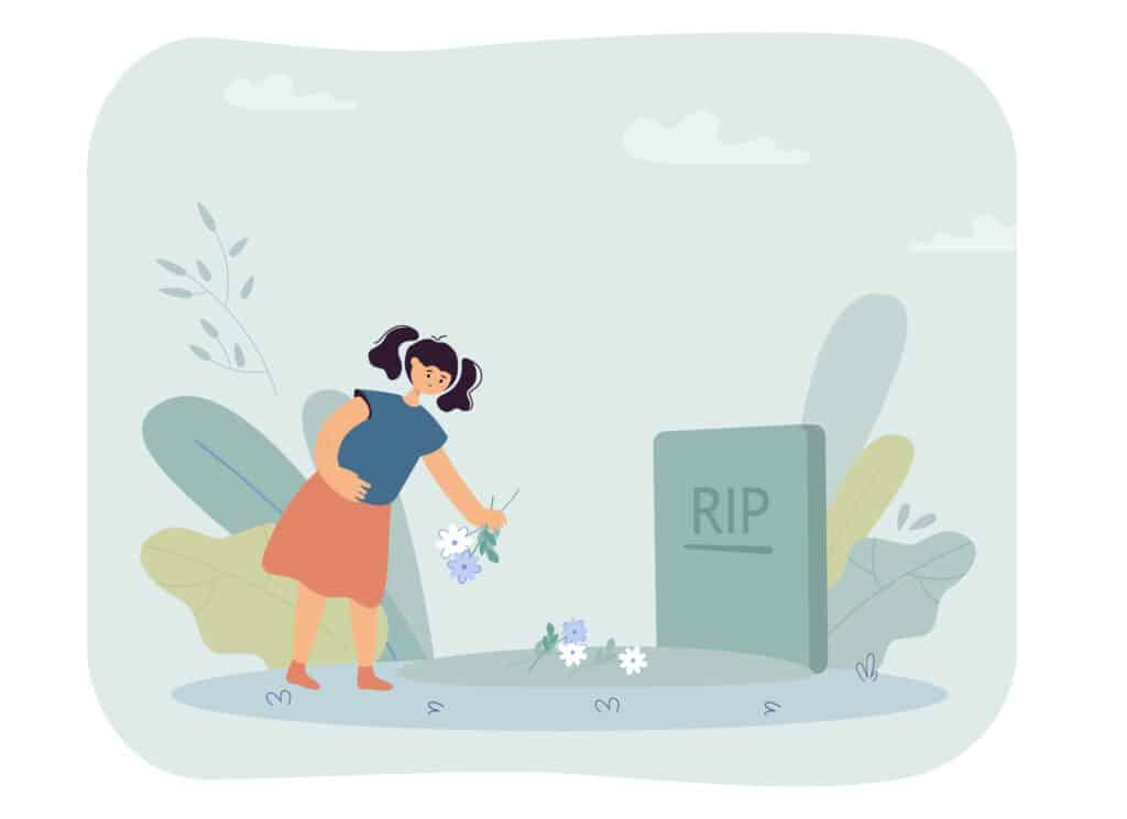Comic-Mädchen legt Blumen auf ein Grab.