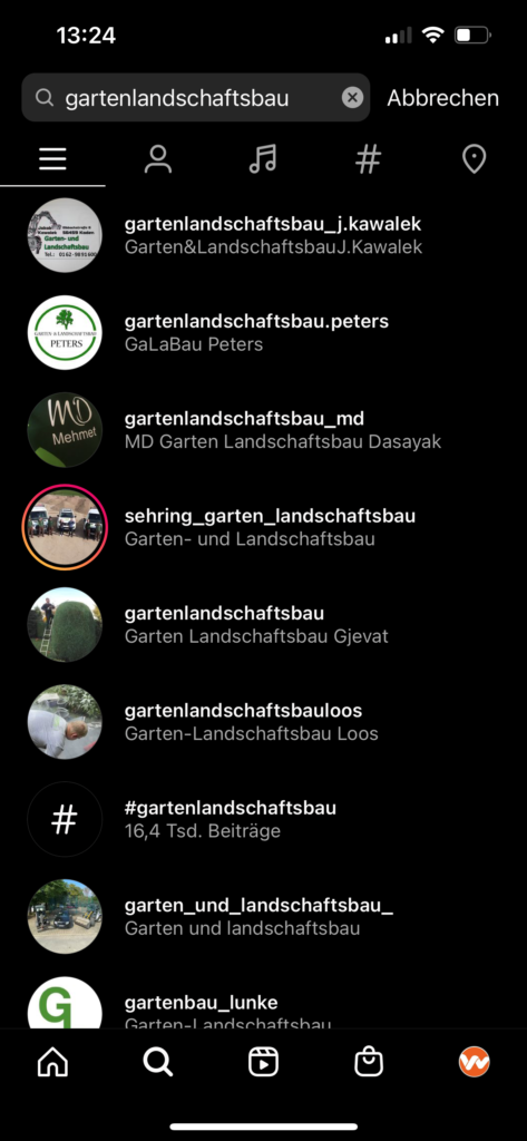 Suchanfrage und Ergebnisse zum Thema Gartenlandschaftsbau, um Instagram-SEO zu verdeutlichen.