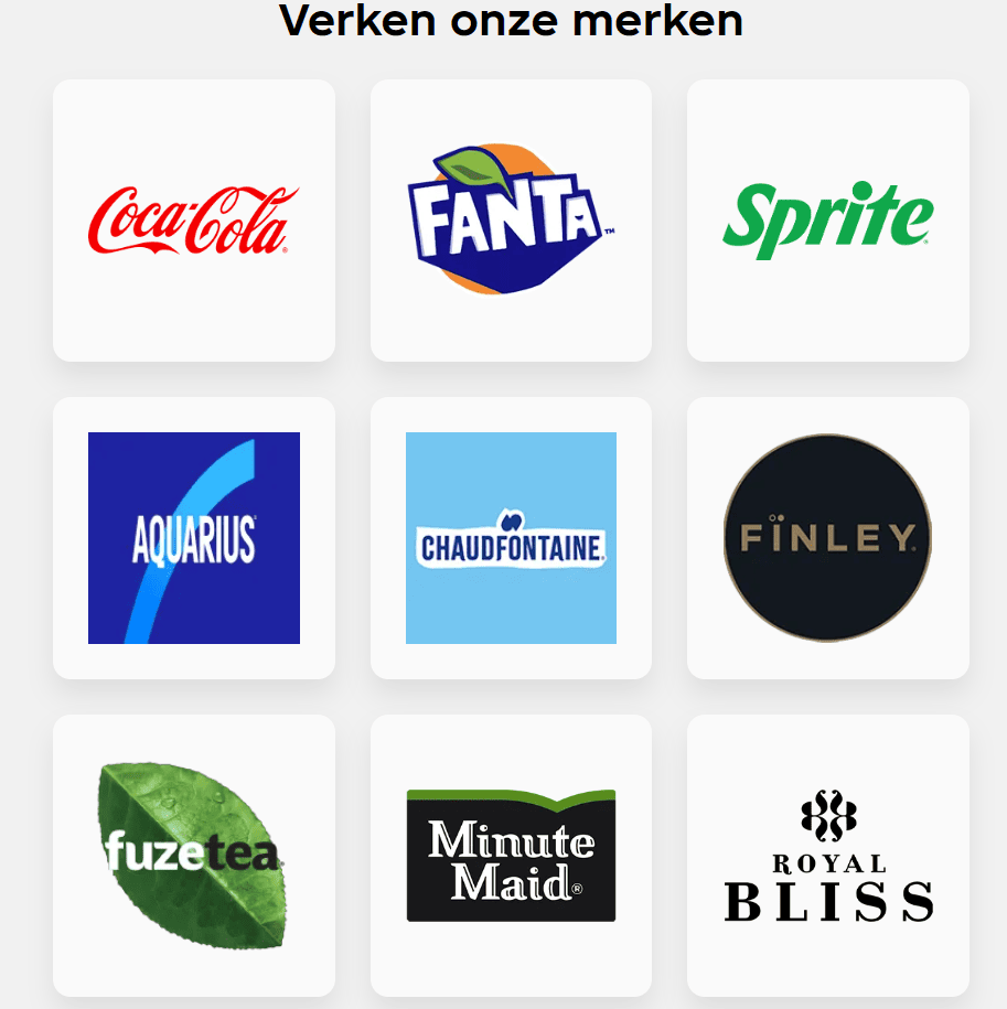 Coca-Cola-Marktsegment Niederlande: Es sind verschiedene Untermarken des Unternehmens zu sehen, die es nur in den Niederlanden gibt.